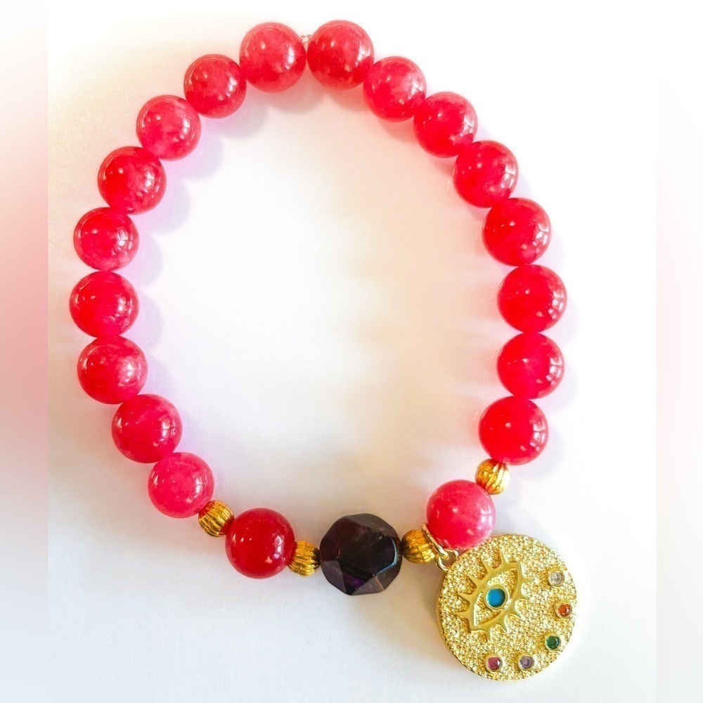 NWOT Genuine, cherry quartz, with amethyst stretch bracelet with evil eye charm